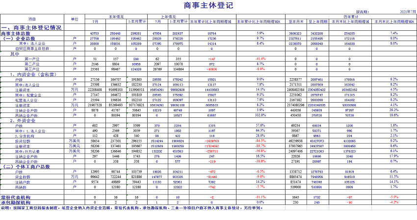 2021年7月份商事主体统计报表--数据快递