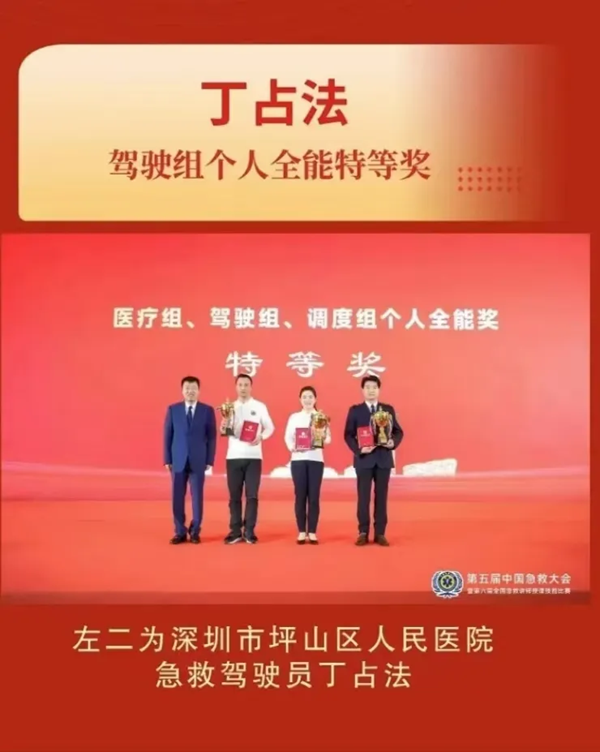 深圳急救代表队的丁占法荣获第六届全国急救讲师授课技能比赛驾驶组个人全能特等奖